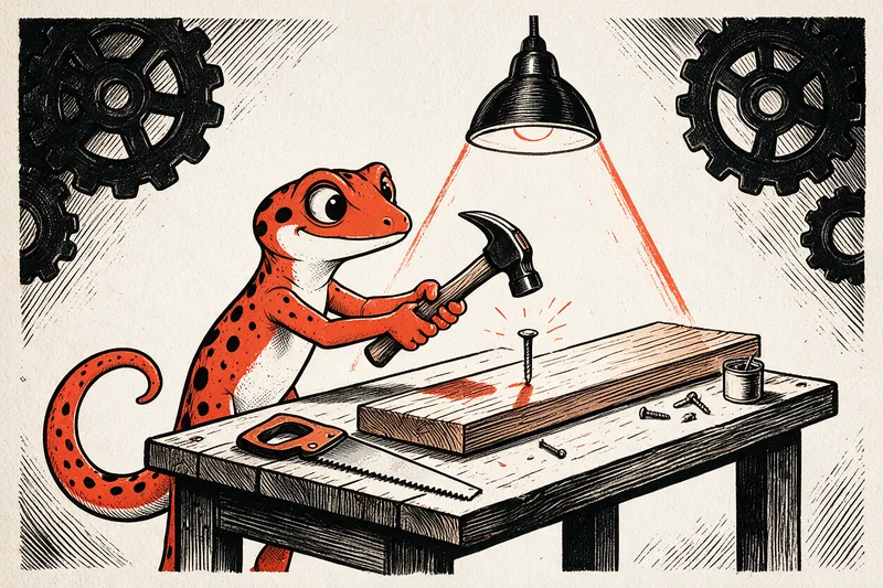 Le Gecko frappe un clou avec un marteau sur une planche posée sur un établi en bois, une scie et un pot de vis à côté, sous une lampe d'atelier orange qui éclaire la planche, entre deux gros engrenages noirs, dessin à l'encre noir et orange.