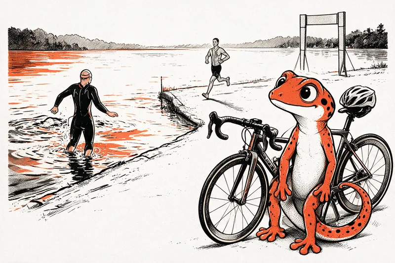 Le Gecko se tient à côté de son vélo de course au bord d’un lac, pendant qu’un nageur entre dans l’eau et qu’un coureur court sur la berge.