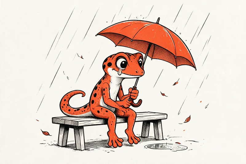 Le Gecko assis sous la pluie sur un banc, un parapluie orange au-dessus de la tête et une larme sur la joue, dessiné à l’encre noire et orange.