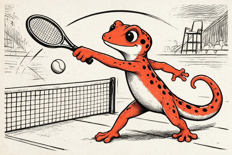 Le Gecko tennisman décoche un revers à une main, la balle au-dessus du filet, dans un court dessiné à l’encre noire et orange.