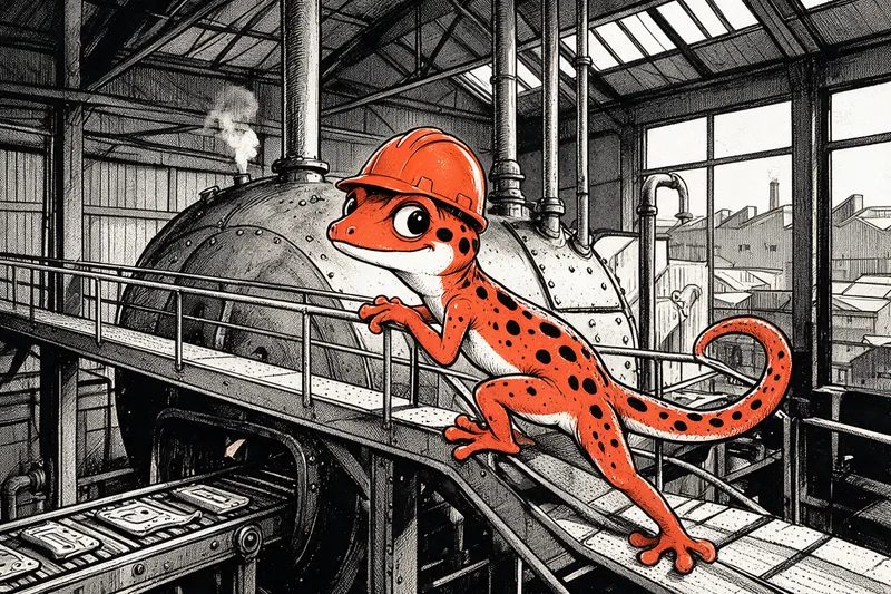 Le gecko en casque de chantier gravit une passerelle métallique dans une halle d’usine, devant une chaudière à rivets qui fume ; en bas, la chaîne de fabrication défile et les toits d’usines se voient par la verrière, dessin à l’encre noire et orange.