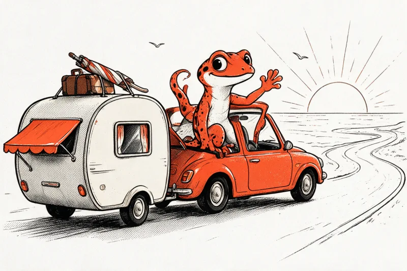 Un gecko orange tacheté souriant depuis la banquette arrière d'une petite voiture décapotable orange qui remorque une caravane ivoire à auvent orange, une valise et un parasol attachés sur le toit, sur une route côtière sous un grand soleil rayonnant, dessinés à l'encre noire et orange sur papier ivoire.