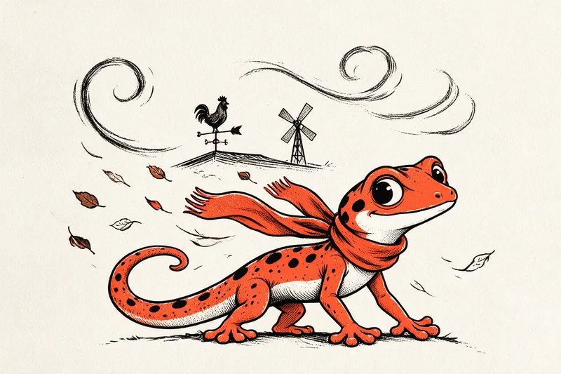 Le Gecko avançant contre le vent, l’écharpe orange claquant derrière lui, entre une girouette de coq, une éolienne et des feuilles emportées, dessiné à l’encre noire et orange.
