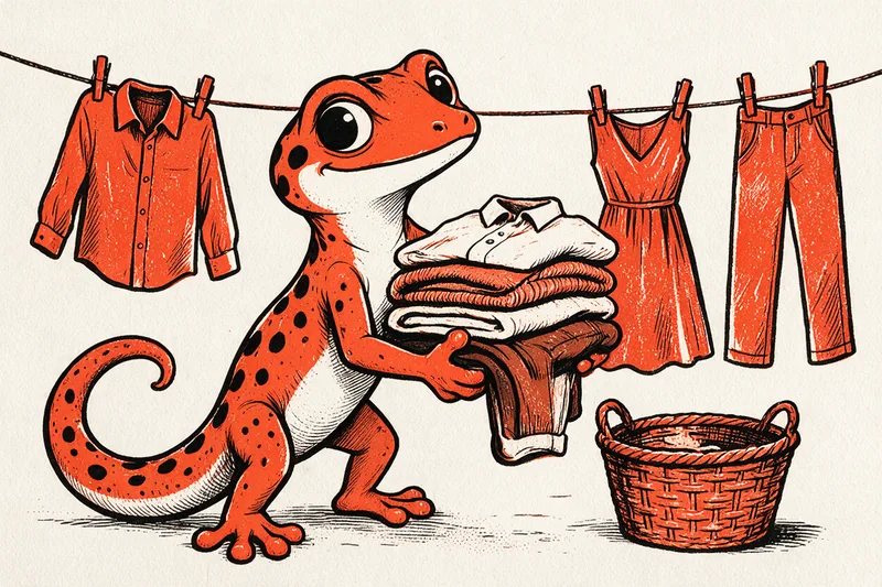 Le Gecko porte une pile de vêtements pliés devant une corde à linge où sèchent une chemise, une robe et un pantalon, avec un panier d’osier, dessinés à l’encre orange et noire.