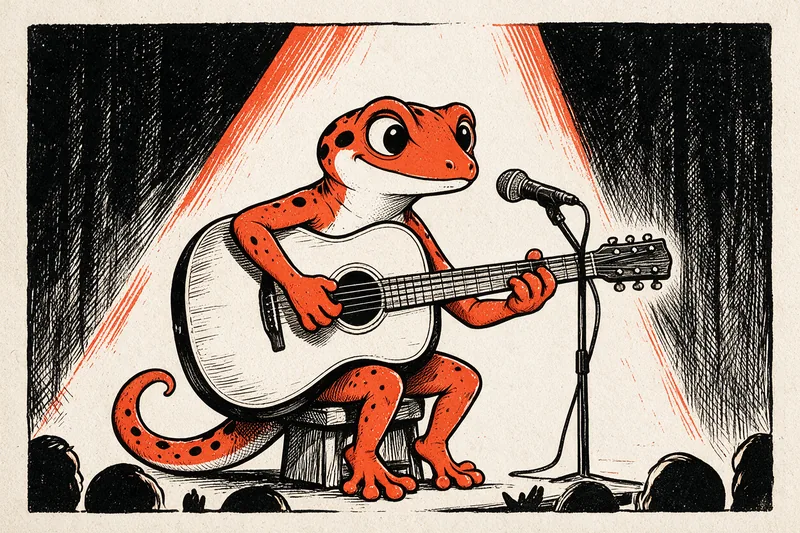 Le Gecko joue de la guitare acoustique sur la scène d'un concert, devant un micro sur pied et un public en silhouette, dessiné à l'encre noire et orange.