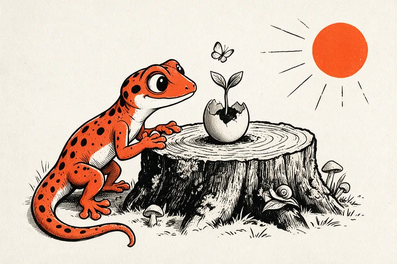 Le Gecko accroupi sur une souche observe une plantule qui germe dans une coquille d'œuf fissurée, un papillon s'envole près du soleil orange, des champignons et un escargot au pied de la souche, illustration à l'encre noire et orange.