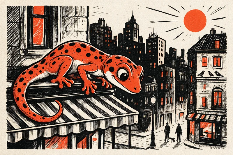 Le Gecko perché sur le store rayé d'une terrasse de café observe la rue en contrebas : deux passants et un chien, un lampadaire, une skyline d'immeubles aux fenêtres orange et un soleil orange, illustration à l'encre noire et orange sur fond ivoire.