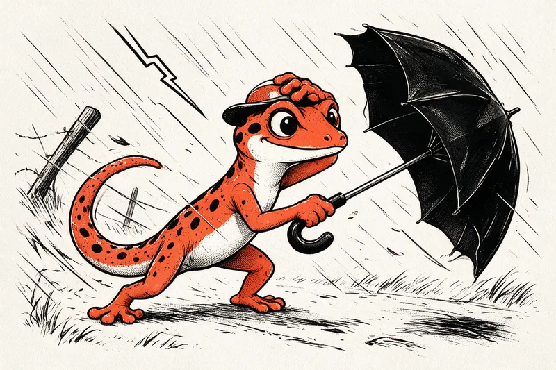 Le Gecko retient son parapluie retourné sous une tempête déchaînée, éclairs et rafales dessinés à l’encre noire et orange.