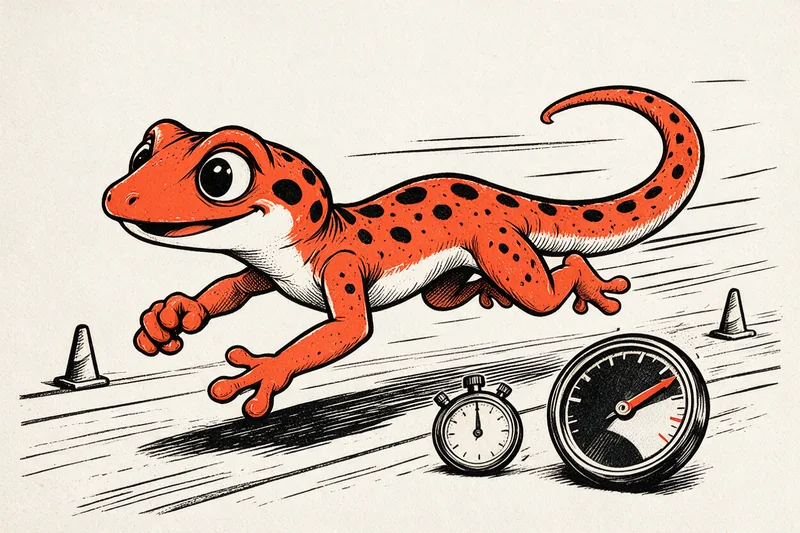 Le Gecko sprinte sur une piste, penché en avant, des lignes de vitesse derrière lui, un chronomètre et un compteur de vitesse dessinés à côté, à l'encre noire et orange.