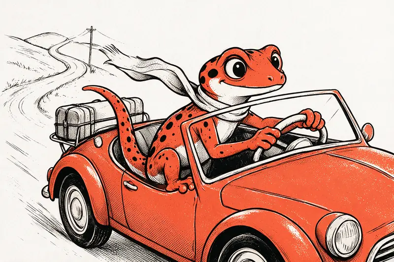 Le Gecko conduit un cabriolet orange sur une route de campagne, les valises attachées sur le porte-bagages, dans un dessin à l’encre noire et orange.
