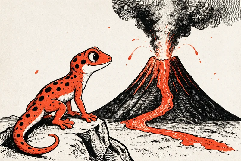 Le Gecko, au premier plan sur un rocher, observe un volcan en éruption : panache de fumée noire, bombes orange au-dessus du cratère et coulée de lave orange serpentant jusqu’à la plaine.