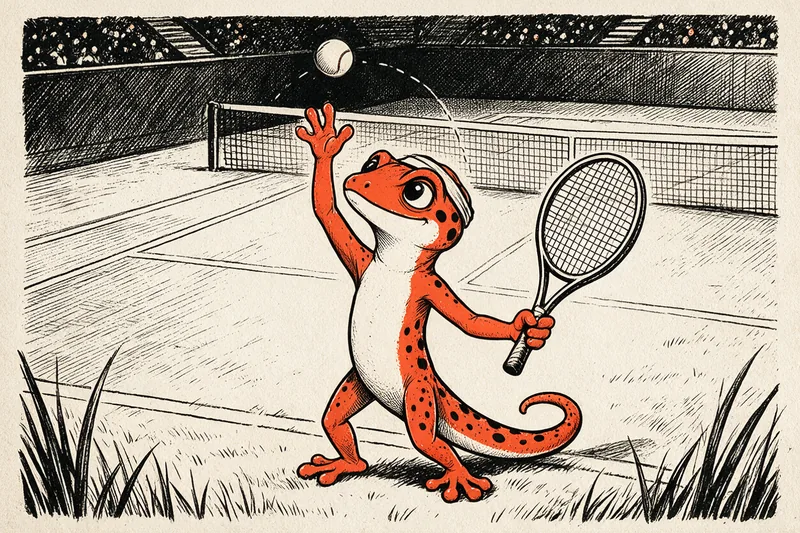 Le Gecko tennisman, bandeau ivoire sur la tête, lance la balle pour un service sur le gazon d’un court dessiné à l’encre noire et orange.