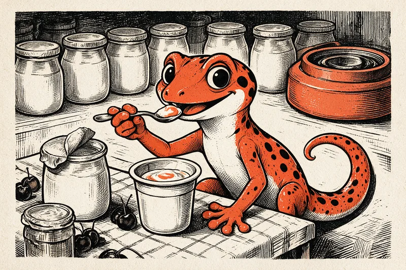 Le Gecko lèche une cuillère de yaourt devant un pot entamé à l'opercule soulevé, une rangée de pots en verre, une yaourtière en terre cuite et des cerises, dessinés à l'encre noire et orange.