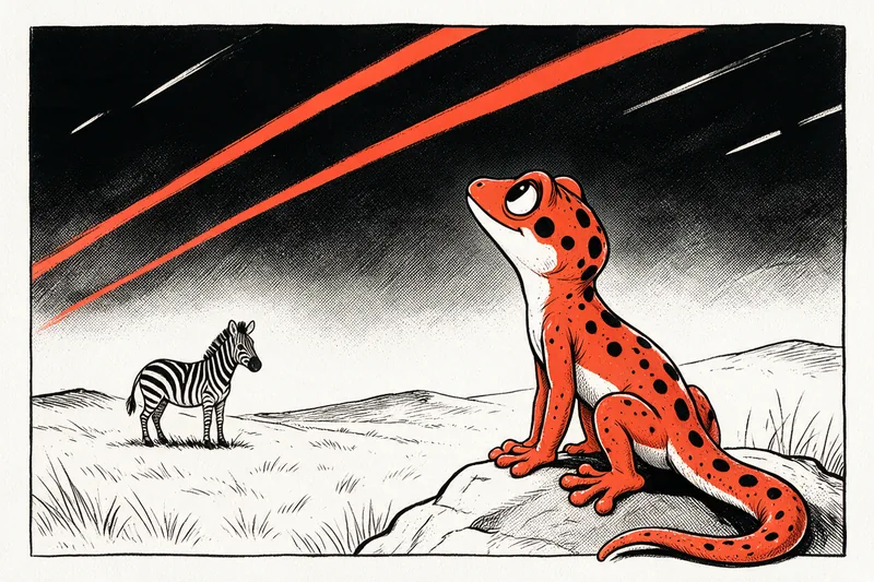 Le Gecko assis sur un rocher observe un ciel noir zébré de deux éclairs oranges, avec un zèbre rayé dans la savane au loin, dessin à l’encre noire et orange.