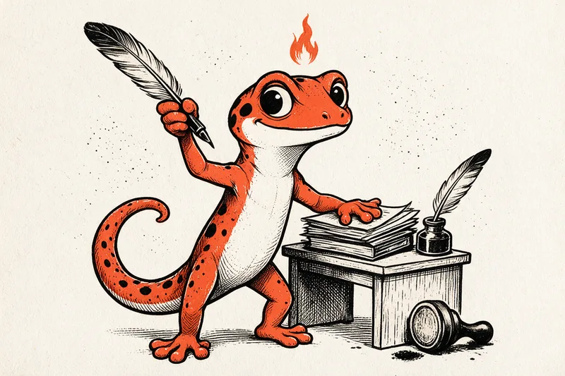 Le Gecko en commis appliqué, debout, brandit une grosse plume au-dessus d'une pile de dossiers posés sur un bureau avec un encrier, une petite flamme d'ardeur stylisée flottant au-dessus de sa tête, un tampon encreur et des traits d'impact à côté, le tout dessiné à l'encre noire et orange sur fond ivoire.