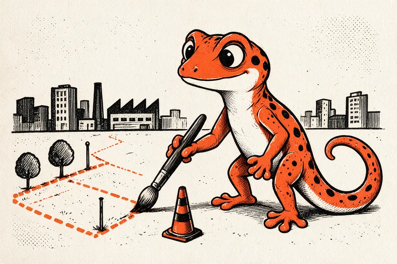Le Gecko peintre trace au pinceau une limite pointillée orange autour d'une parcelle plantée de deux arbres, avec un cône de signalisation et une skyline d'immeubles et d'usine dessinée à l'encre noire.