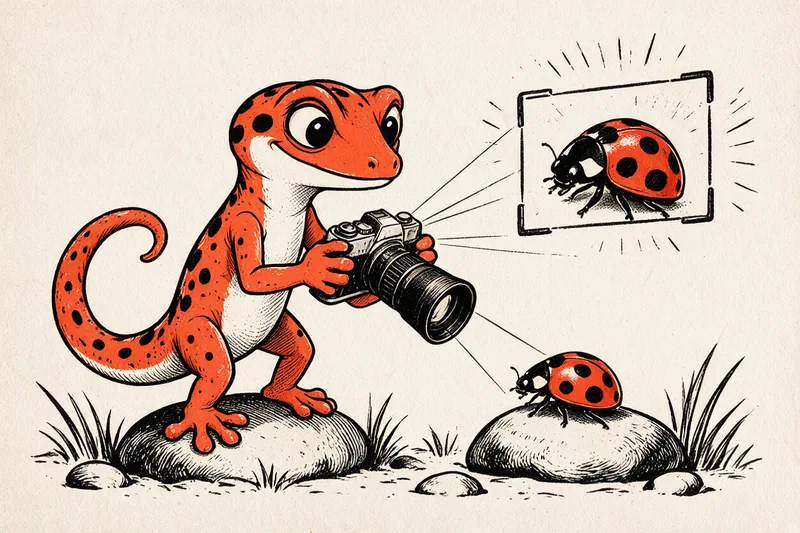 Le Gecko photographe vise une coccinelle avec un objectif zoom ; dans le cadre de visée, l’insecte apparaît agrandi, dessin à l’encre noire et orange.